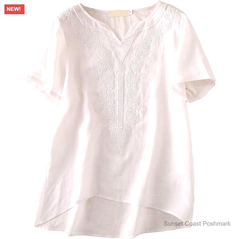 Linen V-Neck Embroidered Tunic Top Short Sleeve Boho Blouse